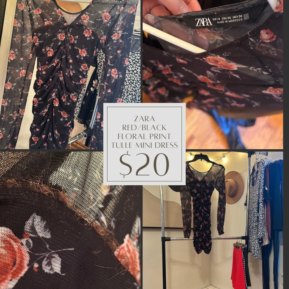 Zara Red/black Floral Print Tulle Mini Dress